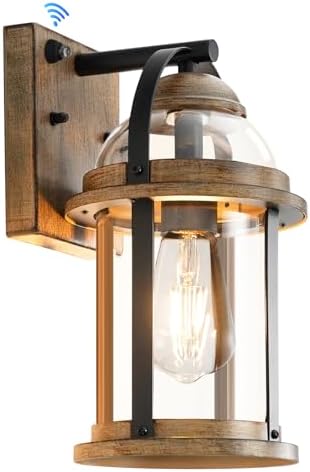 OKELI Dusk to Dawn Outdoor Wall Lights, Waterproof Lighting Fixtures Rustic Farmhouse Wall Lanterns with Clear Glass Shades Anti-Rust Outside Lights for Garage Patio Porch(Wood Grain, 1 Pack)