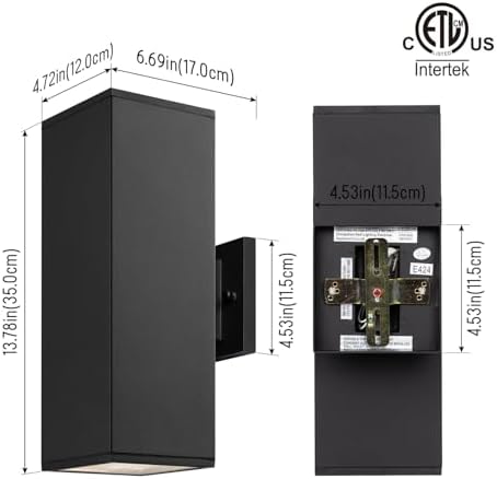 mirrea 14" Modern Outdoor Porch Light in 2 Lights, Matte Black, 2 Pack