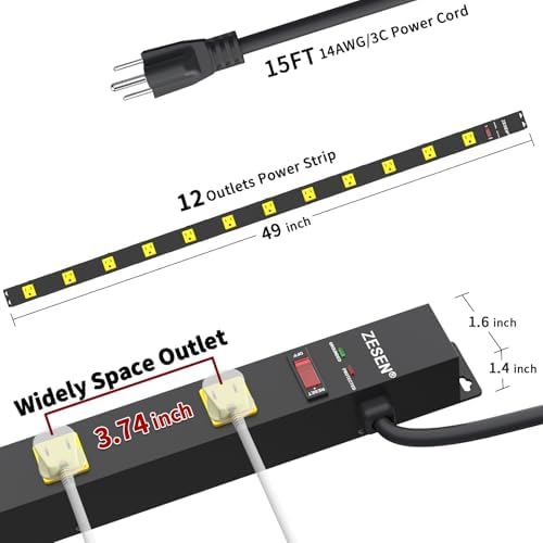 12 Outlet Industrial Long Power Strip Wide-Spaced Outlets with 15Ft Cord
