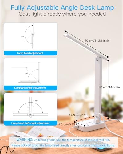 One Beat Small LED Desk Lamp Power Strip 5ft Extension Cord with 3 Outlets 4 USB Ports(2 USB C), 4 Modes, 5 Level Touch Lamp Study Reading Light, Home Office Bedroom College Dorm Room Essentials,White