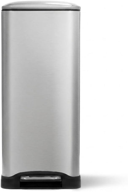 Home Zone Living 13 Gallon Slim Kitchen Trash Can with Dual Compartments for Trash and Recycling, Soft Close Lid, Step Pedal, Stainless Steel, Silver