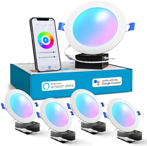 Sunco 4 Pack 6 Inch Smart RGB Ultra-Slim LED Recessed Ceiling Lights, 15W