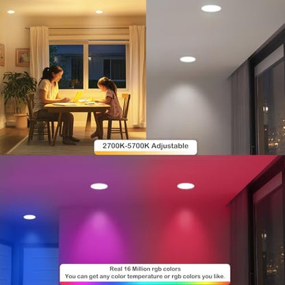 MELPO Smart Recessed Lighting 4 Inch Work with Alexa & Siri，12W 1100LM Recessed Ceiling Light 2700K-5700K，16 Million Colors，Music Sync, DIY Scenes, DIY Flash, LED Downlight with Junction Box，12 Pack