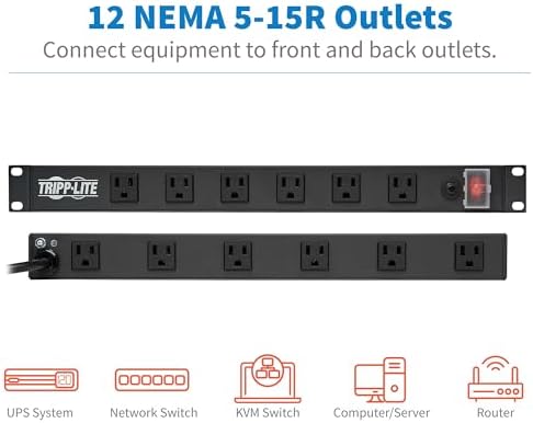 Eaton Tripp Lite 12-Outlet 1U Rack Mount Power Strip PDU, Six Front & Six Rear Facing Outlets, 15A, 120V, 15ft Extension Cord with Flat Plug, Rackmount for DJ Equipment and Server Racks (RS1215-RA)
