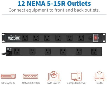 Eaton Tripp Lite 12-Outlet 1U Rack Mount Power Strip PDU, Six Front & Six Rear Facing Outlets, 15A, 120V, 15ft Extension Cord with Flat Plug, Rackmount for DJ Equipment and Server Racks (RS1215-RA)