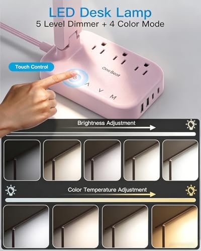 LED Desk Lamp, Power Strip with 4 USB 3 Outlets, Dorm Room Essentials, Pink