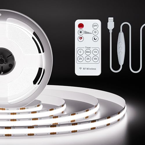 PAUTIX 5V USB COB LED Strip Light 6.56ft/2m 1200lm, Dimmable 640LEDs 6000K Daylight White CRI90+ with RF Remote TV Backlight,Flexible Under Cabinet Tape Light for Bedroom,Kitchen,Home DIY Lighting