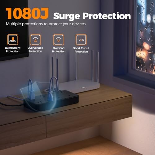 TESSAN Power Strip Surge Protector, 15FT Flat Plug Extension Cord
