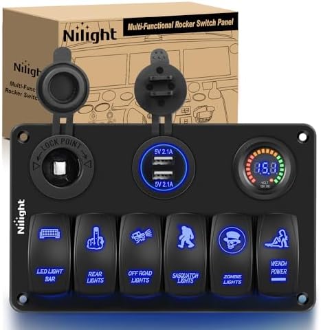 Nilight 6 Gang Rocker Switch Panel 5PIN On Off Laser Pattern Toggle | SPST 12V/20A 24V/10A Dual USB Charger Cigarette Lighter Socket with Fuse for LED Light Bar Rear Zombie Lights RV Boats 4X4 Blue