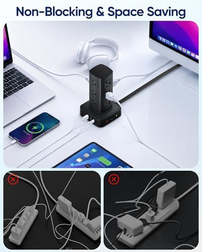 Power Strip Tower with 12 AC Outlets & 4 USB Ports(2 USB C), 6FT Cord