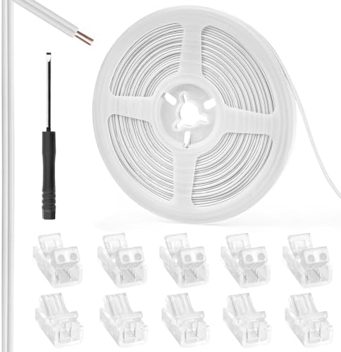 RGBZONE 10pcs 2-Pin 8mm LED Strip to Wire Connectors and 10m/32.8ft 2 Pin Extension Wire for Waterproof or Non-Waterproof Single Color LED Strip Lights(IP20/IP65)