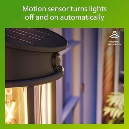 Philips Solar LED 1-Pack Geri UltraEfficient Outdoor Wall Light, Motion Sensor, 2700K, Round, Black, 500 Lumen, High Brightness, Glass, Metal