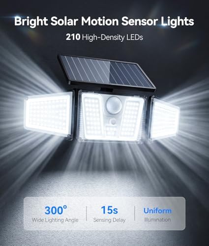 KOOPER Solar Flood Lights, 210 LED Motion Sensor Outdoor Lights, Solar Motion Lights Outdoor Waterproof, 3 Heads 300° Wide Angle Outdoor Security Lights for Yard Patio Garage Entryways, 3 Pack, Black