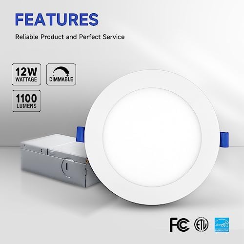 ECOELER 6 Inch Ultra-Thin LED Recessed Lighting with Junction Box, 12W 4000K Cool White, Dimmable Can-Killer Downlight, 1100Lm High Brightness, ETL Listed