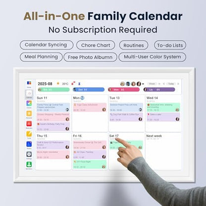 21.5-Inch Smart Digital Calendar & Photo Frame for Family, Large Wall Planner with Auto-Sync to Apple, Google & Outlook, Touchscreen Display with Chore Chart, To-Do Lists & Meal Planner, No Subscription, White Frame
