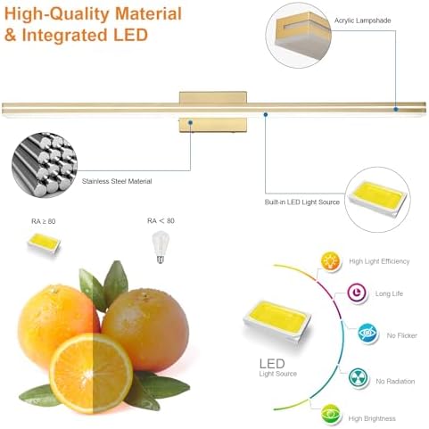 SineRise LED Modern Bathroom Vanity Light Fixtures (48-Inch, 3000K/4000K/6000K, Dimmable), Gold Modern Acrylic Bathroom Wall Lighting Fixtures Over Mirror