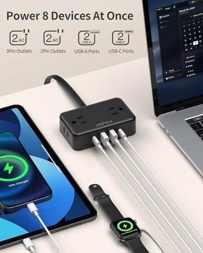 HOPOW Flat Plug Extension Cord, 4AC&2A2C, 3 FT Power Strip for Travel