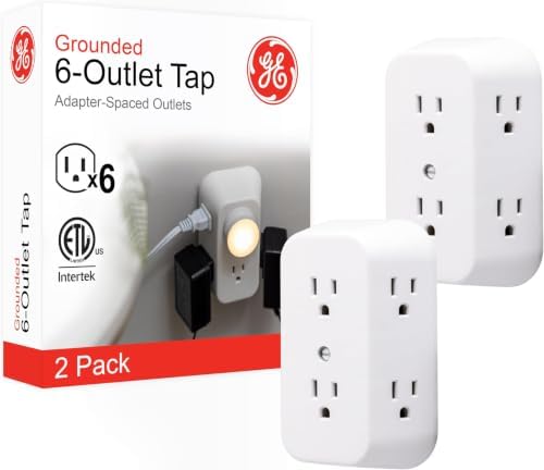GE 6-Outlet Wall Extender White | Grounded | Spaced Outlets | UL Listed | Pack of 12