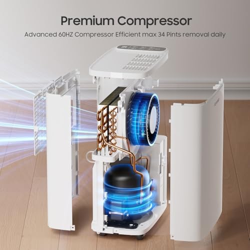 ASAHWo 2500 Sq.Ft Dehumidifier for Basement with Drain Hose MAX 34 Pints, Dehumidifiers for Home, Bathroom, Bedroom, 4 Pre-Set Modes, Intelligent Humidity Control, Dry Clothes Quiet Operation