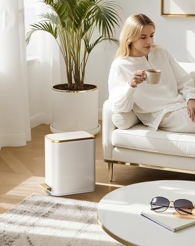Cesun Small Bathroom Trash Can with Gold Grimmed Lid & Pedal, 1.3Gal, White