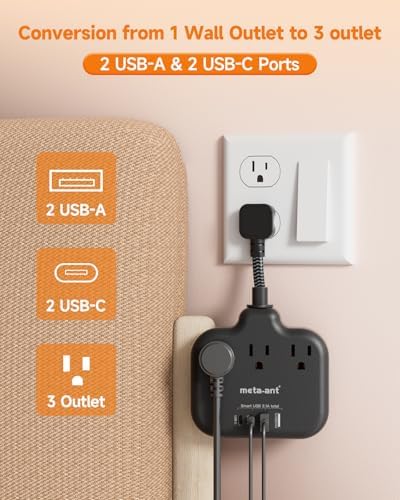 Short Extension Cord 3 Inch, Flat Plug Small Power Strip with 3 AC & 4 USB(1 USB-C), 1875W/15A, Multi Plug Outlet Extender, Non-Surge Protection for Cruise Travel Dorm Kitchen, Black