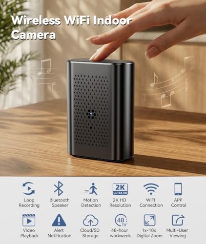 Wireless Bluetooth Speaker Security Camera with 4000mAh Long Battery Life,2.4GHz WiFi Indoor Camera for Home with App Control,Night Vision, Motion Detection,Real-Time Vide,Ideal for Elderly/Office