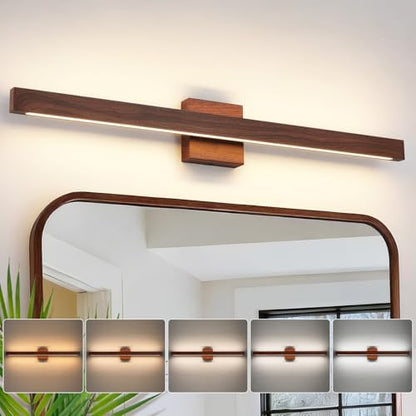 Modern Bathroom Light Fixtures Over Mirror, 32 Inch Brown Wood Finish Vanity Light Bar 26W Dimmable 5CCT LED Vanity Lights for Bathroom Wall Lighting Fixtures Over Mirror