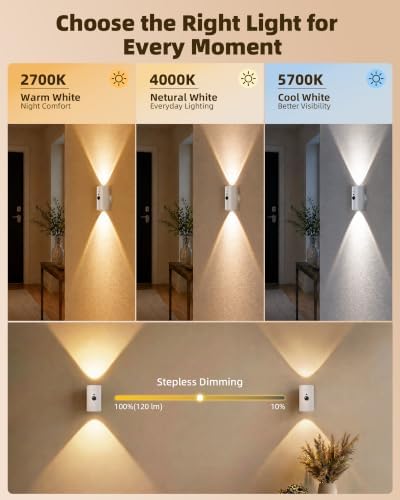 EZVALO Motion Sensor Wall Sconces, Battery Operated Wall Lights with 4000mAh Rechargeable Battery, 3 CCT & 12 RGB Color, Wireless Remote LED Lights for Hallway, Stairway (White, 4 Pack)