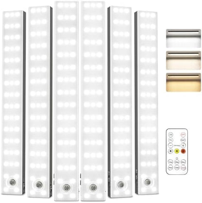 EZVALO 13inch Under Cabinet Lighting, 3200mAh Rechargeable Wireless Motion Sensor Lights, 96 LEDs, 3 Color Temps, Dimmable, Timer, Magnetic, with Remote for Kitchen (6 Pack)