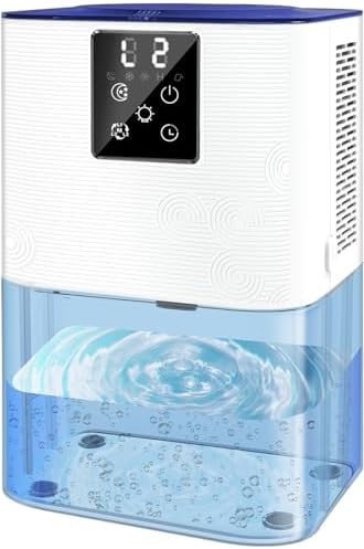 MTOX Dehumidifier, 3L/105oz Water Tank, 1100ml/Day, Dehumidifier for Bathroom Bedroom Basement RV, Quiet 28dB Sleep Mode, Auto Shut-Off, Auto Defrost, 7-Color LED Light, Digital Display (Blue White)