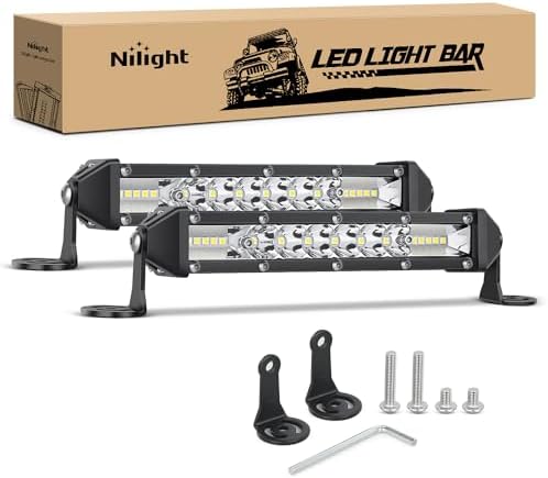 Nilight Slim LED Light Bar 2Pcs 7 Inch 16LED Single Row Spot Flood Combo Fog Driving Work Lighting Roof Bumper Lamp Offroad for 4x4 Trucks SUV ATV UTV