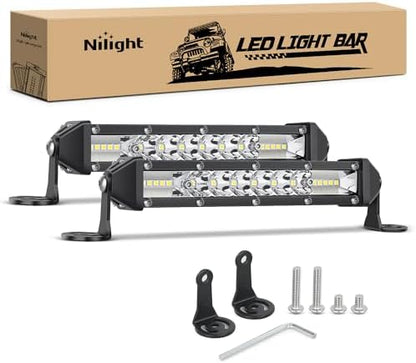 Nilight Slim LED Light Bar 2Pcs 7 Inch 16LED Single Row Spot Flood Combo Fog Driving Work Lighting Roof Bumper Lamp Offroad for 4x4 Trucks SUV ATV UTV