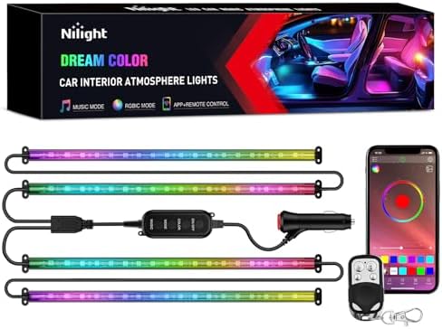 Nilight 4PCS Interior Car Strip Lights Cigarette Lighter Dream Color RGB-IC 12V DC with App Remote Control Multicolor Under Car Dash Lighting 2 Lines Design Music Sync Mode for Cars Truck ATV UTV