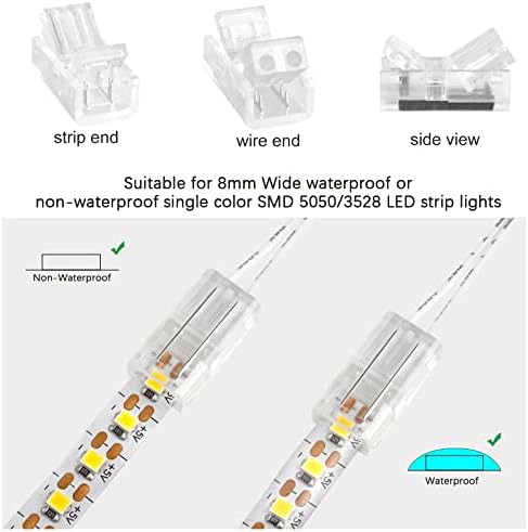 RGBZONE 10pcs 2-Pin 8mm LED Strip to Wire Connectors and 10m/32.8ft 2 Pin Extension Wire for Waterproof or Non-Waterproof Single Color LED Strip Lights(IP20/IP65)