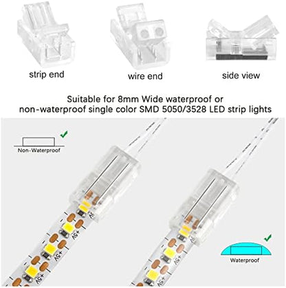 RGBZONE 10pcs 2-Pin 8mm LED Strip to Wire Connectors and 10m/32.8ft 2 Pin Extension Wire for Waterproof or Non-Waterproof Single Color LED Strip Lights(IP20/IP65)