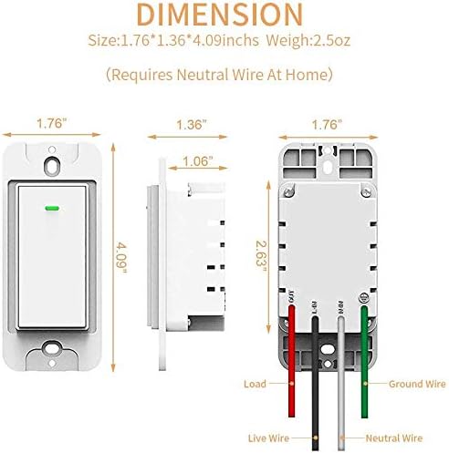 Smart Switch, WiFi Smart Light Switch Compatible with Amazon Alexa and Google Home, Neutral Wire Needed, with Remote Control, Timing Schedule, No hub Required MK36 (1Pack)