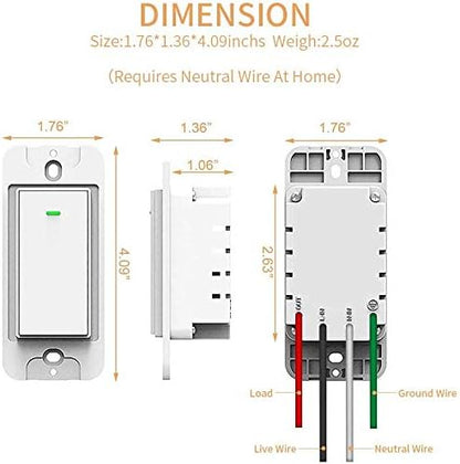 Smart Switch, WiFi Smart Light Switch Compatible with Amazon Alexa and Google Home, Neutral Wire Needed, with Remote Control, Timing Schedule, No hub Required MK36 (1Pack)