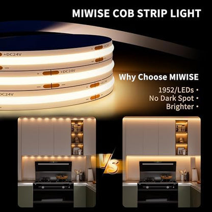 MIWISE COB LED Strip Light 20ft/6.1m,CRI 90+ Warm White 2700K High Lumen Dimmable Super Bright Flexible DC24V LED Tape Light with Controller/Dimmer,for Cabinet Home Office DIY Lighting Projects