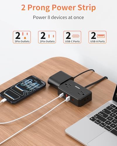 2 Prong Power Strip, 4AC&2A2C, 6 FT Two Prong Extension Cord for Old House