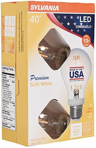 LEDVANCE 40247, Soft White 40 Watt Equivalent, A19 LED Light Bulbs, Dimmable, Color 2700K, Made in The USA with US and Global Parts, 4 Pack, 4 Count