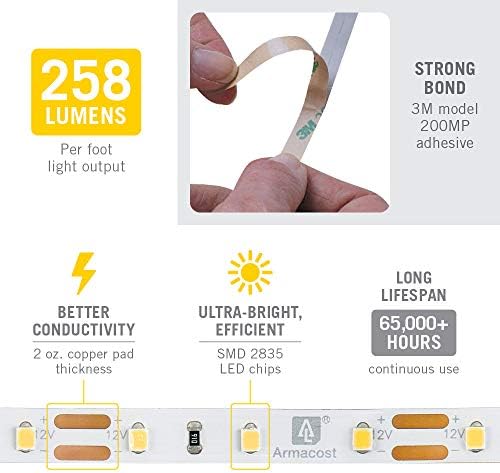 Armacost Lighting RibbonFlex Pro 12V White LED Strip Lights 60 LED/m, 2700K, 12 ft, 132220