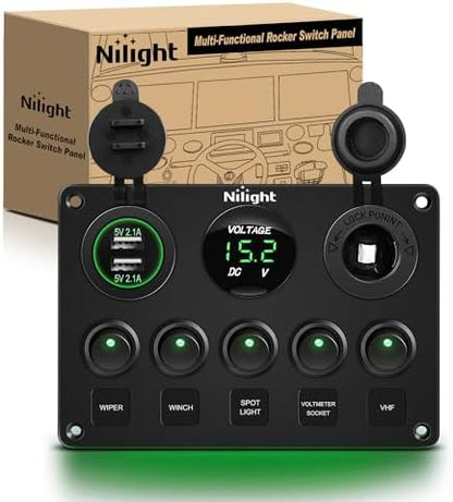 Nilight 5 Gang Multi-Function Rocker Switch Panel On Off SPST Toggle | 12V 12V/20A 24V/10A Dual USB Charger LED Voltmeter Cigarette Lighter for LED Light Bar Rear Rock Lights Trucks RV Boats 4X4 Green
