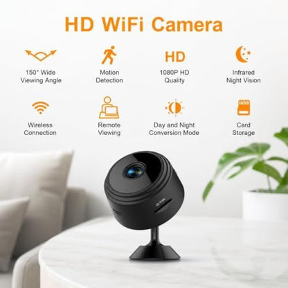 Small Nanny Cam Hidden Home Mini Security Camera with Multi-User Viewing, Black, Portable WiFi Spy Camera, Remote Monitoring, Mobile App Control