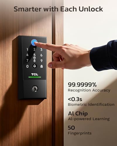 TCL Fingerprint Smart Lock, Keyless Entry Door Lock, Backlit Keypad Deadbolt Locks with Auto Lock, App Control, Doorbell, Compatible with Alexa & Google Assistant, Easy Install for Front Door, D2 Plus