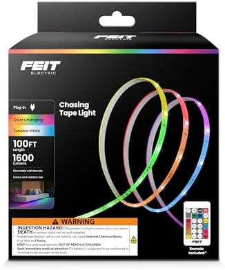 Feit Electric 100ft Chasing & Tunable White LED Tape Light, Dimmable, RGB Colors, Cuttable for Custom Fit, Slim 0.4-Inch Width, Indoor/Outdoor Plug-in Light Strip, Remote Controlled, TAPE1200/CHASE