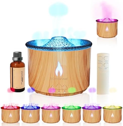 BOHOFAM Aroma Essential Oil Diffuser 360 ML,Volcano and Flame Diffuser/Humidifier,Give1.76 oz Hotel Collection Diffuser Oils,7 Colorful Light Change,Diffusers for Home,Large Room(Wood Grain)