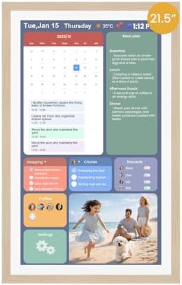 21.5-Inch Smart Digital Calendar & Photo Frame for Family, Wood Frame Large Wall Planner with Auto-Sync to Apple, Google & Outlook, Touchscreen Display with Chore Chart, To-Do Lists & Meal Planner, No Subscription