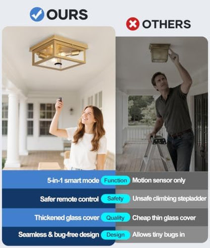 Lynnoland Motion Sensor Outdoor Ceiling Light with Remote, 12.2 Inch Gold Flush Mount Porch Light Fixture with United Glass Cover, 5 Modes Outside Flush Mount Light for Porch, Garage, Patio, Entryway