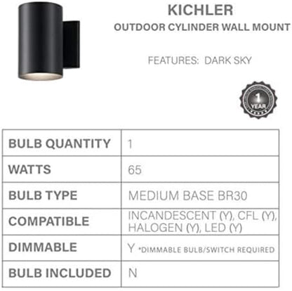 Kichler Cylinders 7" Outdoor Wall Sconce in a Black, 1-Light Exterior Wall Light, Cylinder Fixture, (7" H x 5" W), 9234BK