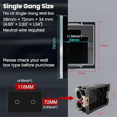 Smart Switch,Neutral Wire Required,APP Control,Black 2 Button